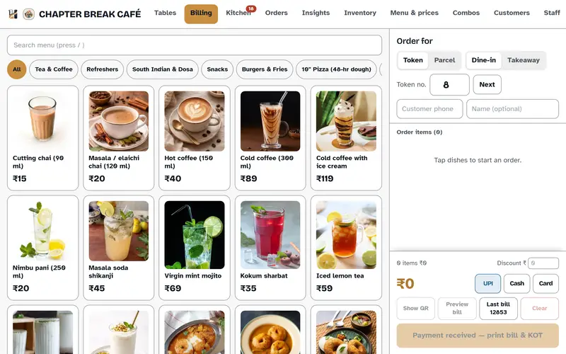 Hisaab billing screen on a laptop: a grid of dishes with photos and prices on the left, and the open order with discount, UPI, cash and card buttons on the right.