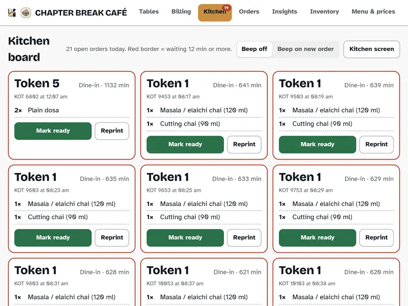 Hisaab kitchen board on a tablet: order cards by token number, each listing its dishes with Mark ready and Reprint buttons.