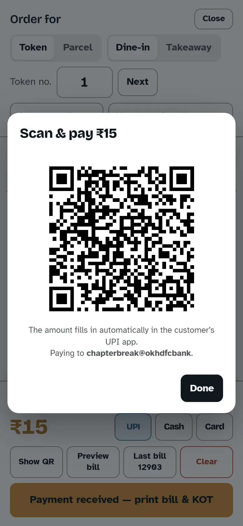 Hisaab on a phone showing a scan and pay dialog: a UPI QR code with the bill amount already filled in and the paying account named below it.
