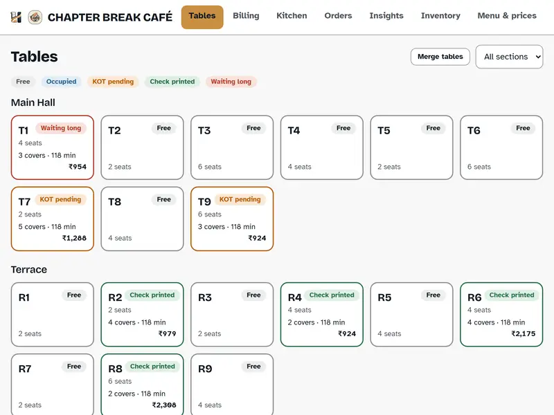 Hisaab tables screen on a tablet: tables grouped by section, each marked free, occupied, KOT pending or check printed, with covers, time seated and running total.